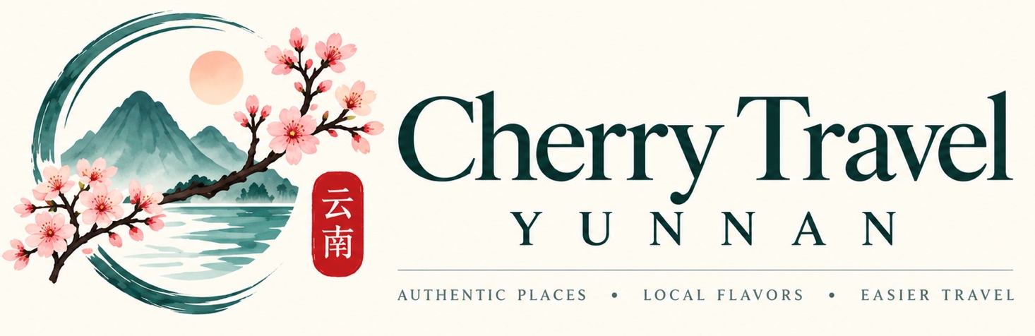 Cherry Travel Yunnan, mountain and cherry blossom logo